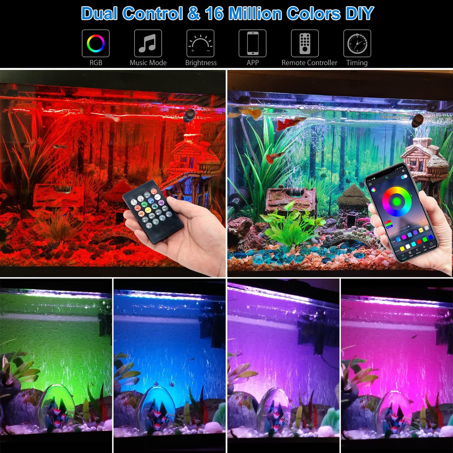 VARMHUS Submersible LED Aquarium Light,Fish Tank Light with Remote Controller&APP Control,DIY Full Spectrum Optional Color&Intelligent Timing and Dimming,29 Light Modes and 4 Music Modes RGB-38cm