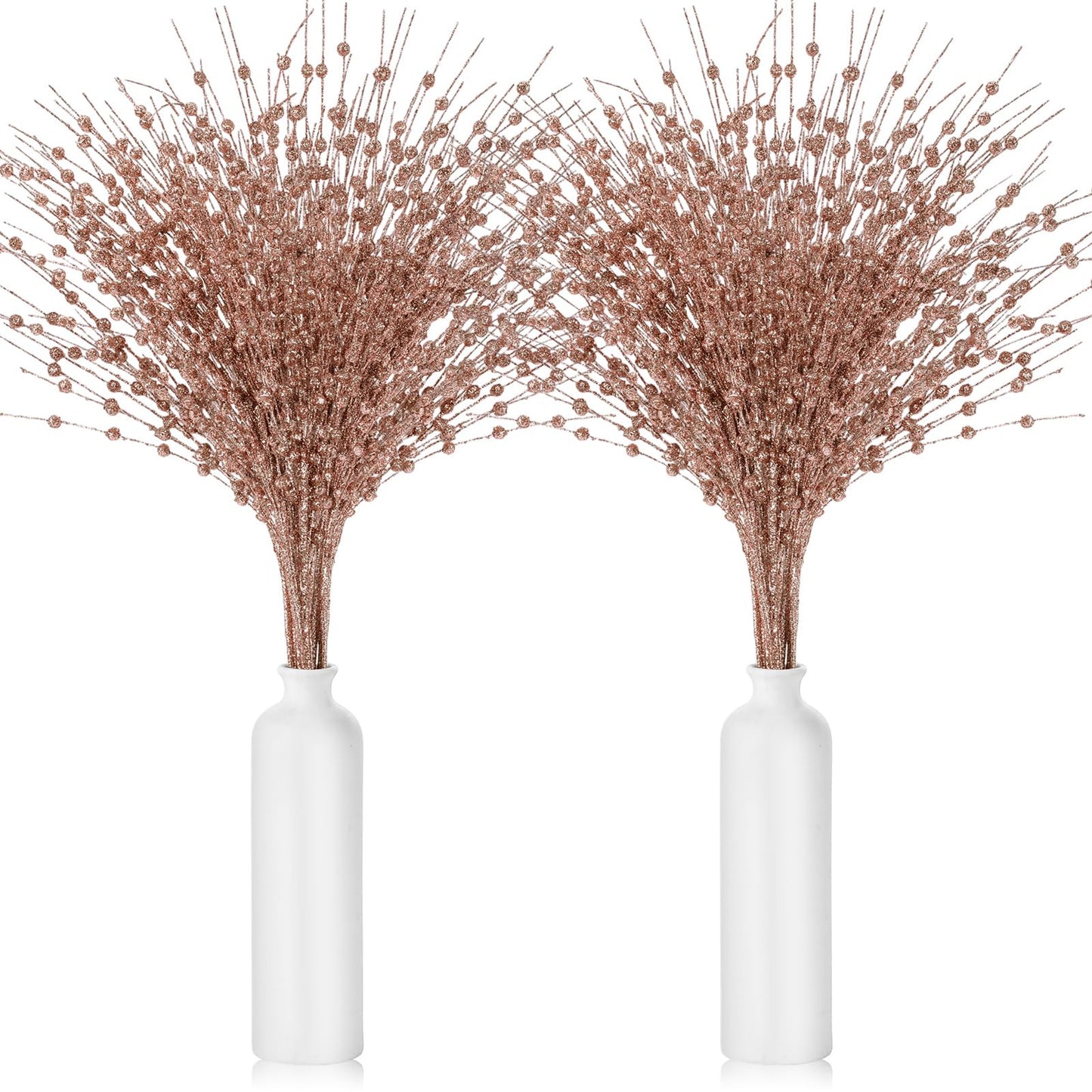 Geosar 14 Pcs Long Artificial Glitter Berry Stem Ornaments 28 Inch Christmas Picks Christmas Tree Decoration Stems Xmas Decorative Bead Sticks Glittery Twig Branches for DIY Wreath Decor(Rose Gold)