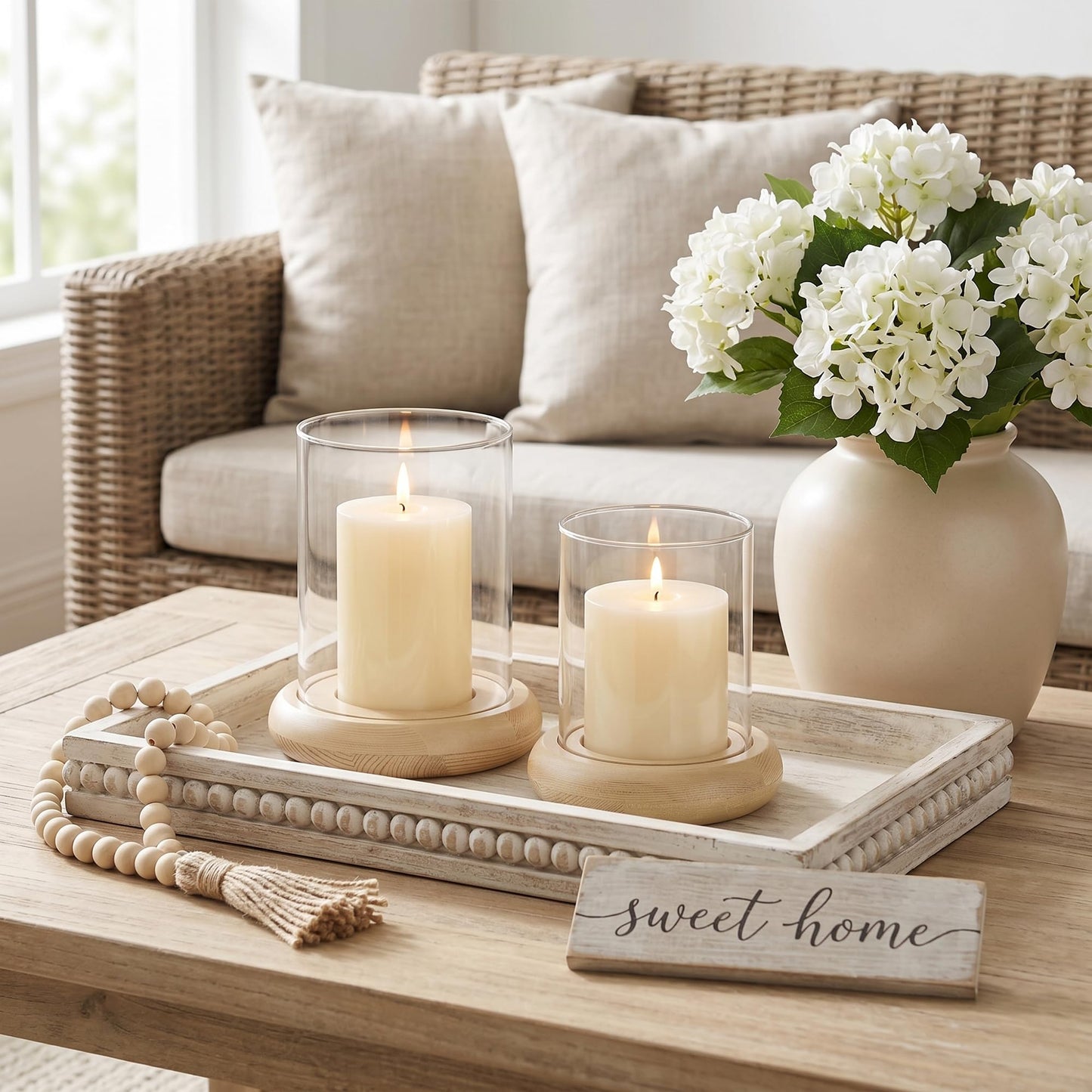 Set of 2 Hurricane Glass Candle Holders with Natural Brown Wood Base Decorative Candle Lantern, Farmhouse Rustic Boho Table Centerpieces Decor for Living Room, Outdoor Home Decor