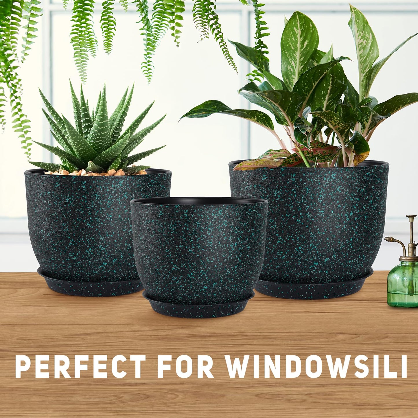 YNNICO Plant Pots 10/9/8/7.5/7 inch Set of 5,Flower Pots with Multi Mesh Drainage Holes, Large Planters for Indoor Outdoor Garden Plants and Flowers. (Green Speckles)