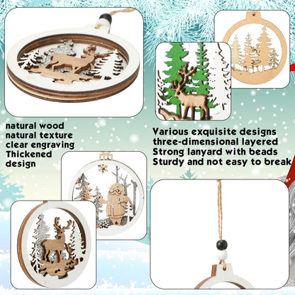 Coume 24 Pcs Christmas Wooden Ornaments Christmas Tree Ornaments Hollow Winter Wood Craved Hanging Craft Decorations Farmhouse Rustic 3D Glitter Reindeer Santa Snowman, 12 Designs