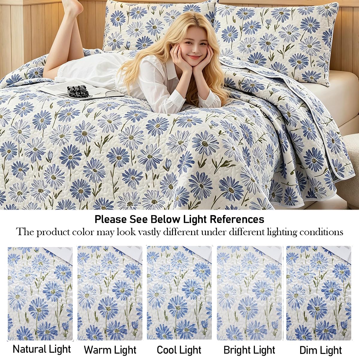 SANOCAY Blue Daisy Floral Quilt Set Queen Size, 3 Piece Lightweight Summer Bedding Set with 2 Pillow Shams, Soft Reversible Microfiber Bedspread, Farmhouse Coverlet for All Season (Blue Daisy, Queen)