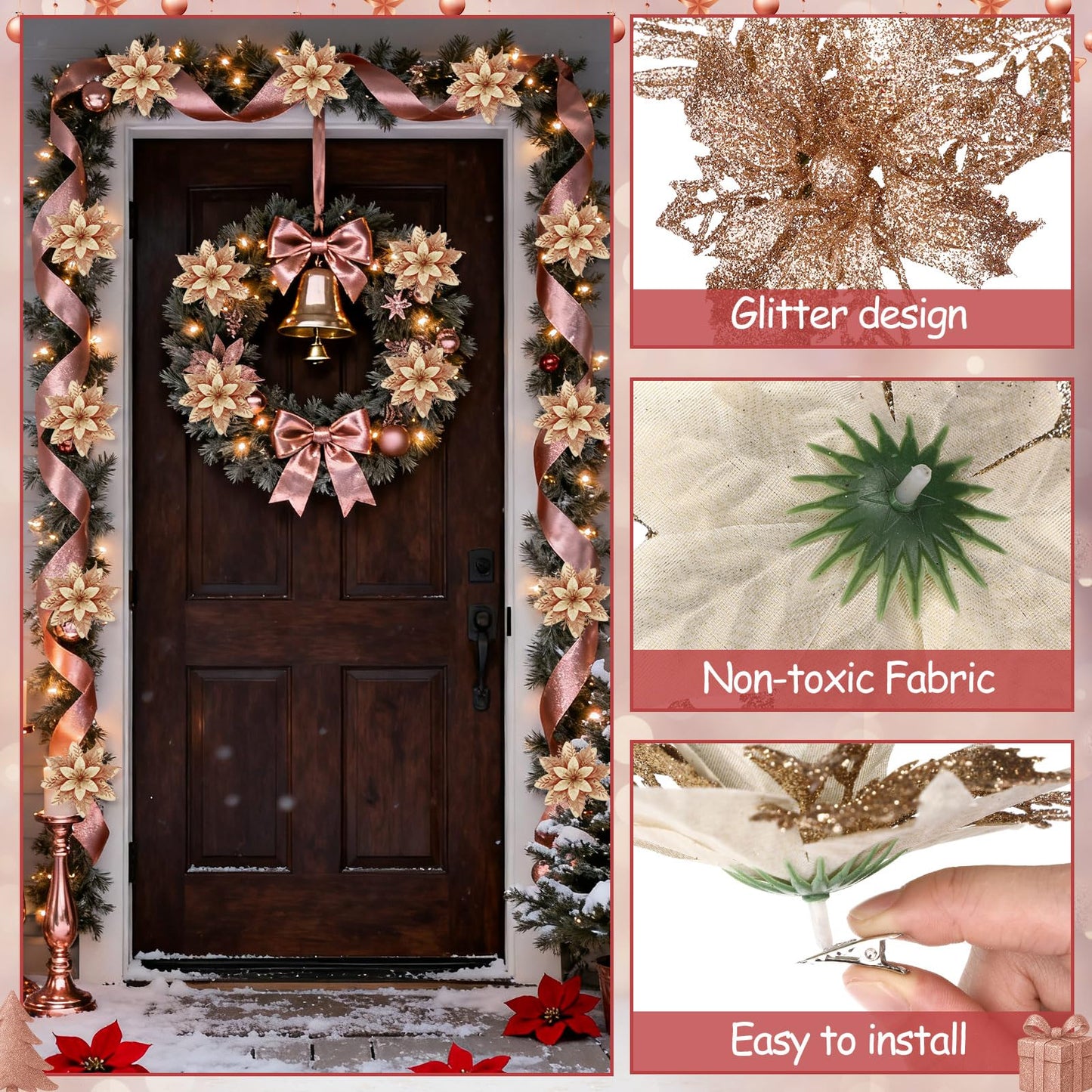 Heentan 22 Pcs Christmas Tree Decorations Set 8 Pcs Poinsettia Flowers Artificial with Clips 14 Pack Glitter Berries Stems Floral Picks Christmas Ornaments for Holiday Wreath Party Decor(Champagne)