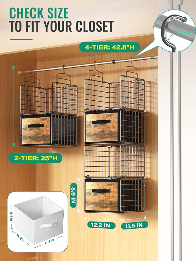 Hanging Closet Organizer with Drawers, 4 Tier Metal Closet Organizers and