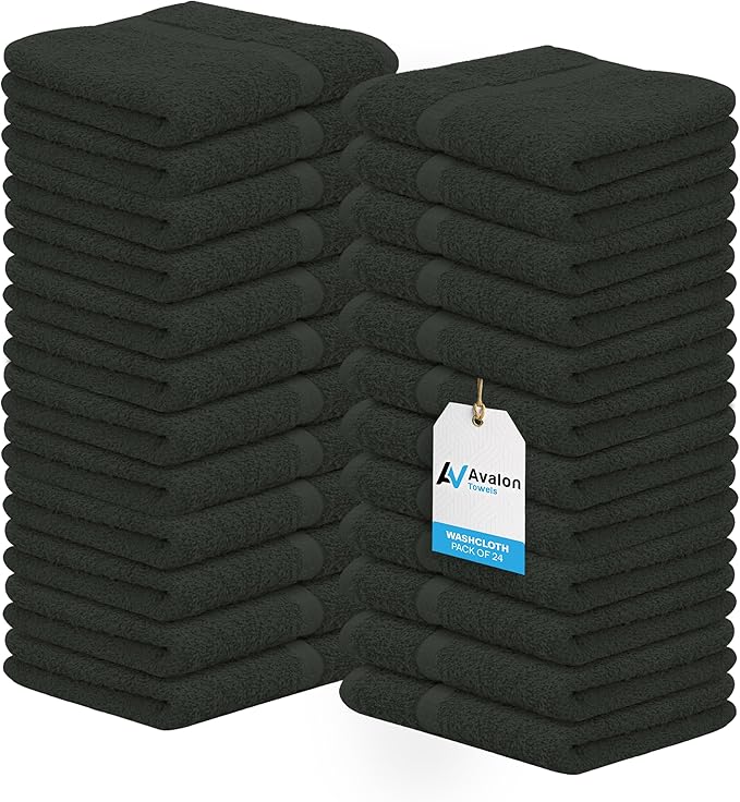 Avalon Towels Cotton Washcloths 24-Pack – 12 x 12 Inch Grey Super Soft &