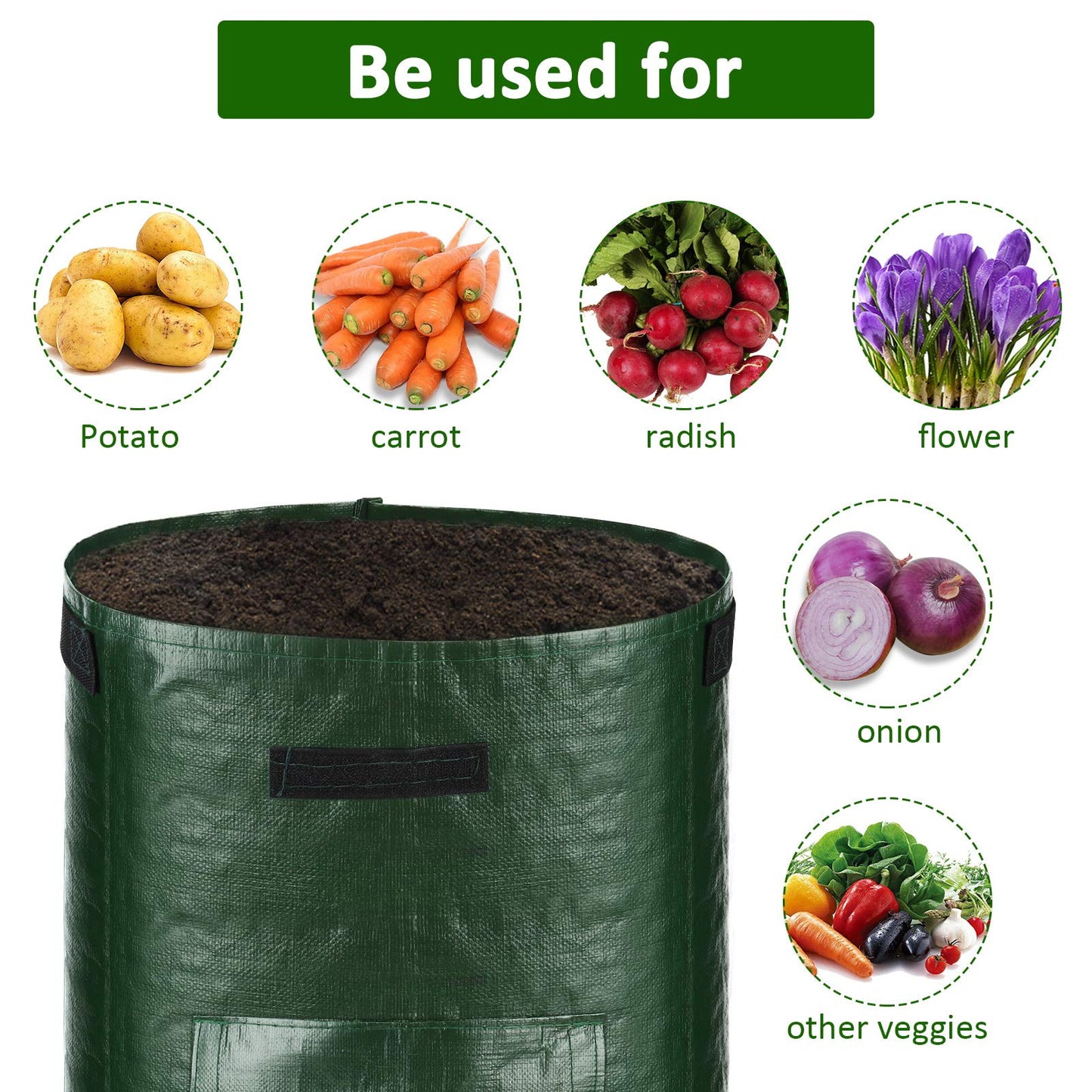 JJGoo 2 Pack 10 Gallon Garden Potato Grow Bags with Flap and Handles Aeration Fabric Planter Pots, Heavy Duty Potato Planters Garden Planting Bags for Onion, Fruits, Tomato, Carrot (Green)