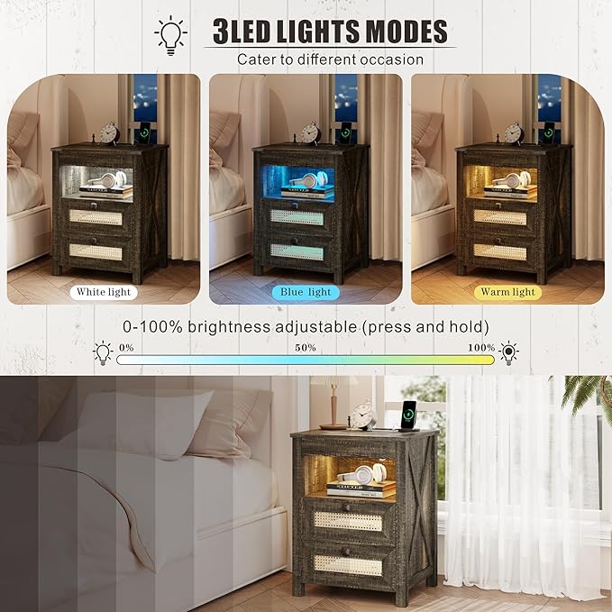 FREDEES Rustic Nightstand with Gun Drawer, End Table with Charging Station