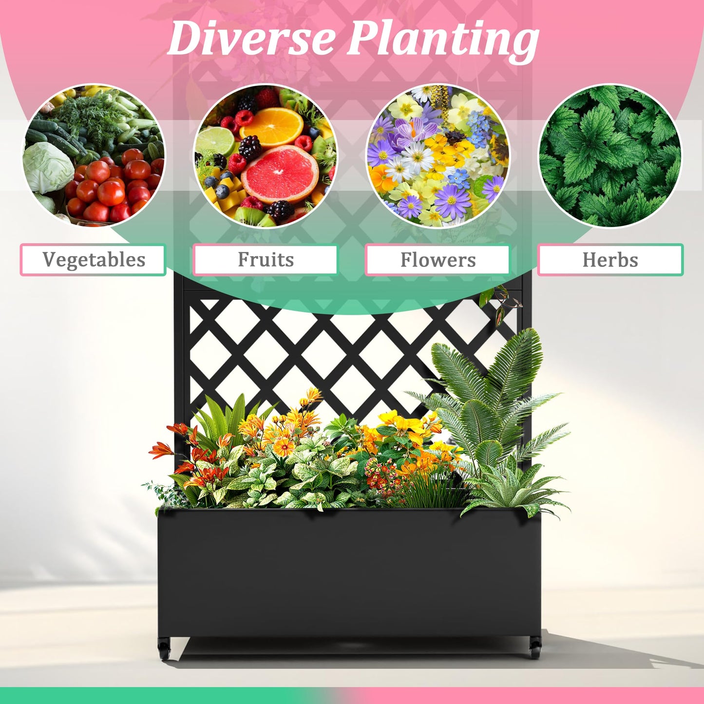 Metal Raised Garden Bed with Trellis for Climbing Plants, Vegetable, Vines,Metal Planter Box with Trellis 73"x35"x16",Trellis with Planter Box & Privacy Screen,Raised Garden Bed On Wheels(Black)