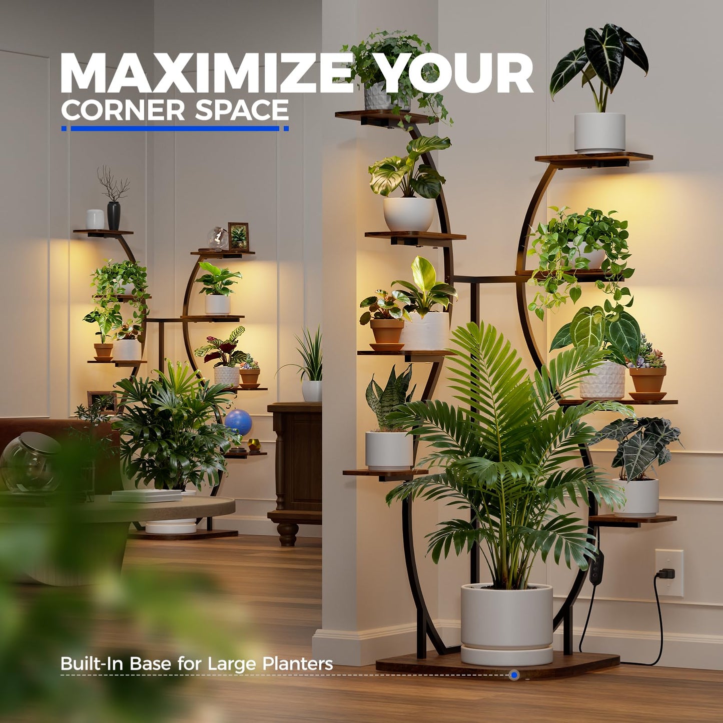 Barrina LS12 Corner Plant Stand with Grow Light, 62.2" Tall 9-Tier Plant Shelf for Large Plant, Warm Full Spectrum T5 Grow Lights, S-Shape Corner Flower Holder for Living Room, Home Decor, Gardening