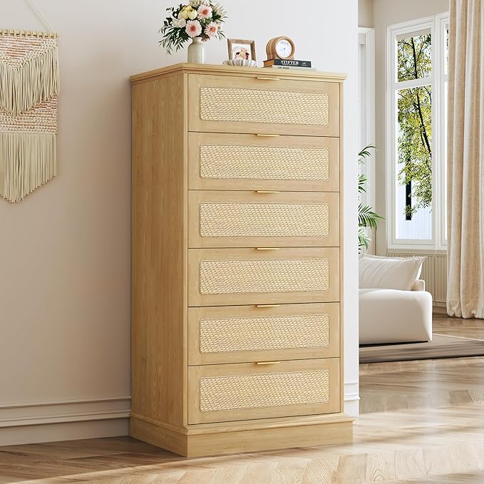 HUAHUU 6 Drawer Dresser for Bedroom, 50 Inch Tall Dressers & Rattan Chest of