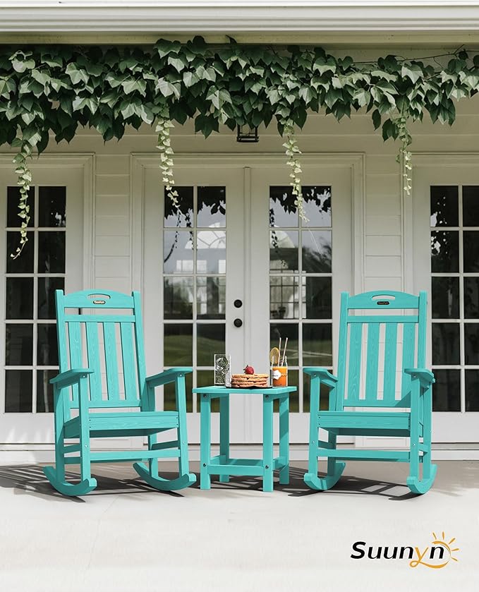 Oversized Outdoor Rocking Chair, High Back Porch Rocker Chair, HDPE All Weather Resistant Rocking Chairs for Patio, 380lbs Weight Capacity, Lake Blue