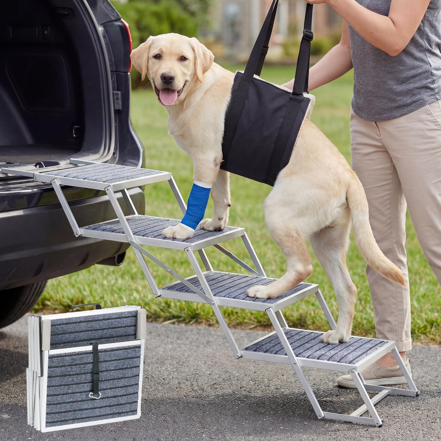 Veehoo Extra Wide Dog Steps for Car SUV Truck Foldable, 4 Steps Portable Aluminum Dog Stairs for Injured Senior Large Dogs 20" Wide, Heavy Duty Pet Ramp Ladder with Non Slip Surface, up to 170lbs