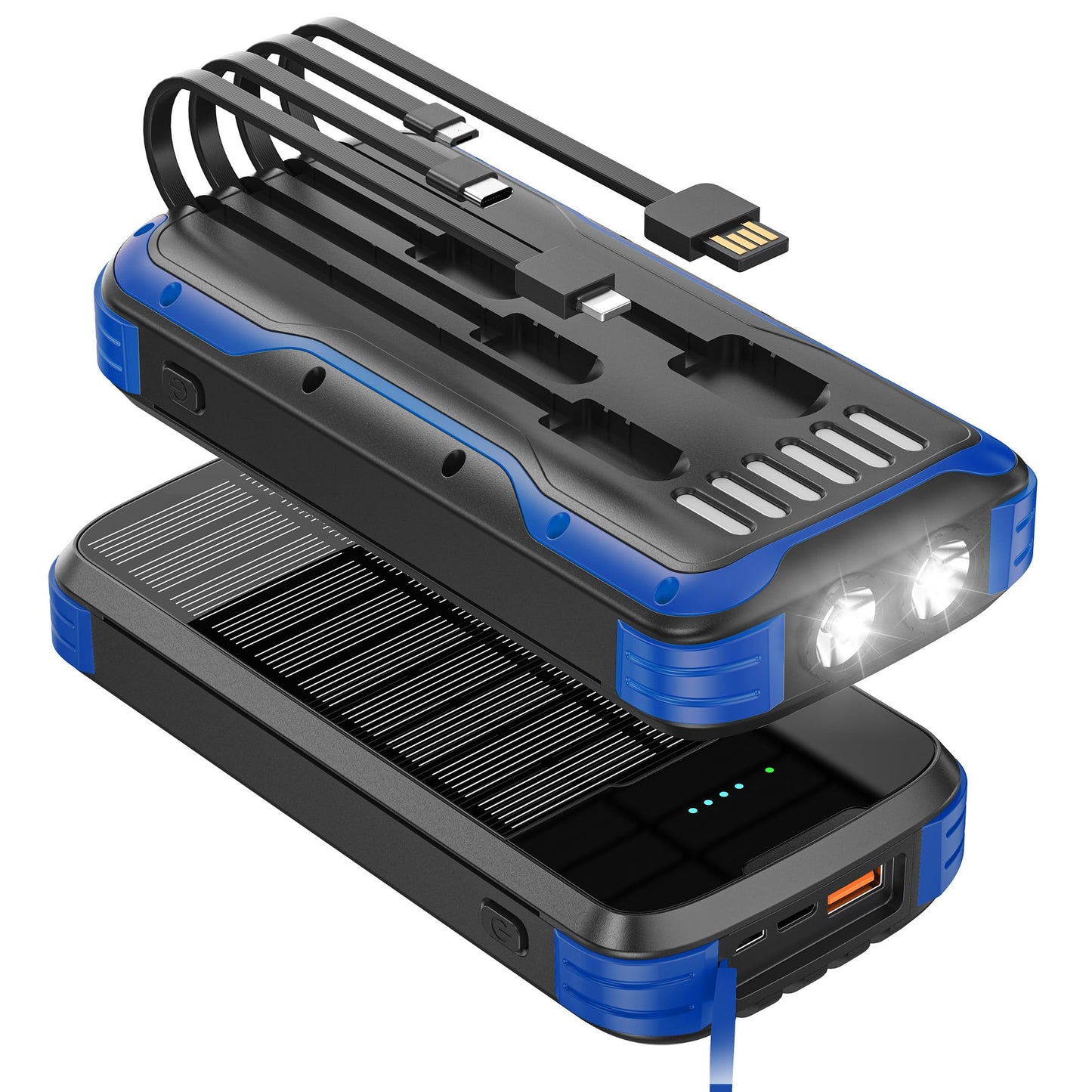 Solar Charger Power Bank, 40000mAh Portable Charger PD 20W Fast Charging Solar Power Bank Built in 4 Cables and USB-C in/Output, Camping Essentials External Battery Pack with Flashlights