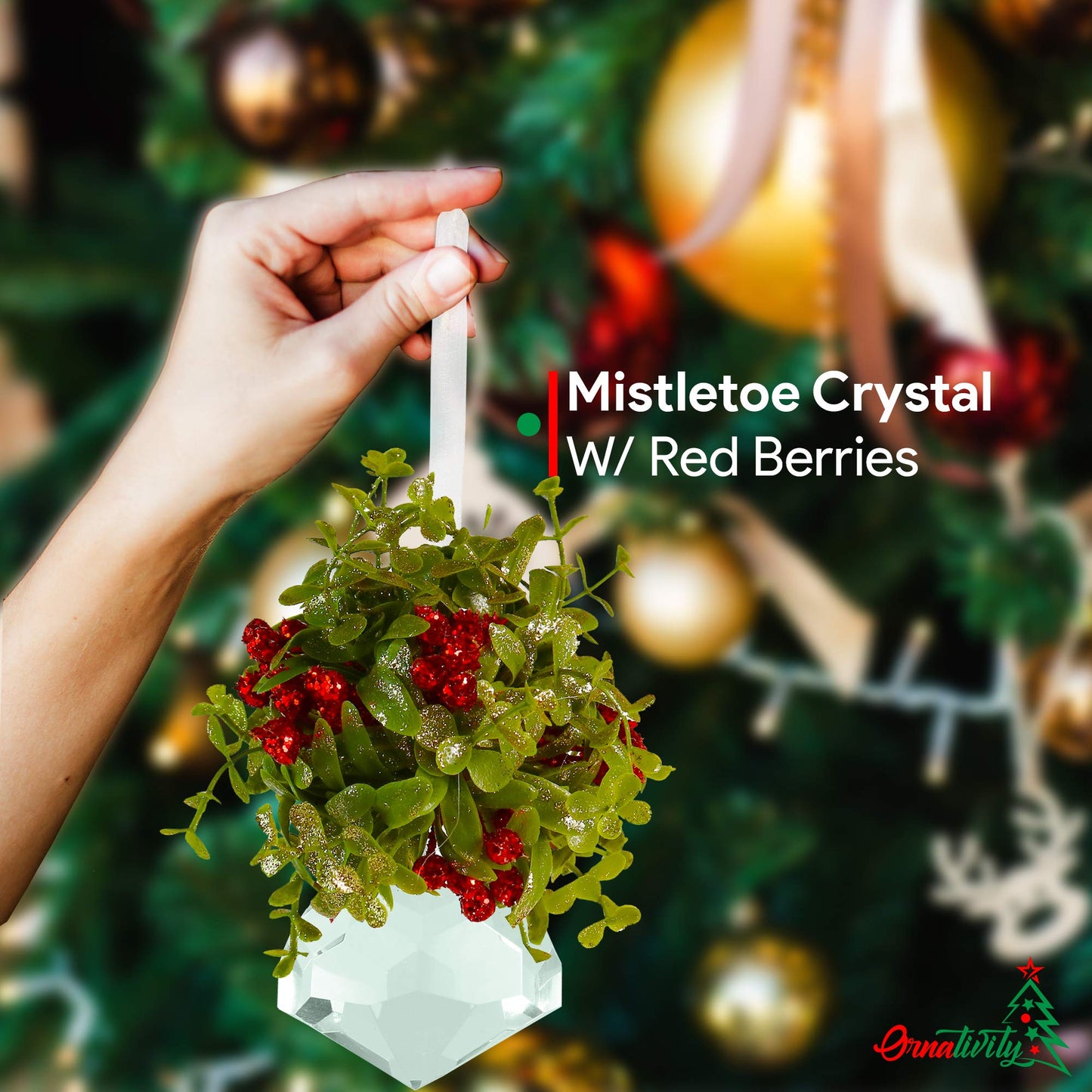 Ornativity Hanging Crystal Mistletoe Ornament - Christmas Decor Doorway Kissing Crystal Gem Stone Mistle Toe Jewel with Berries Ball Xmas Tree Decoration 5"