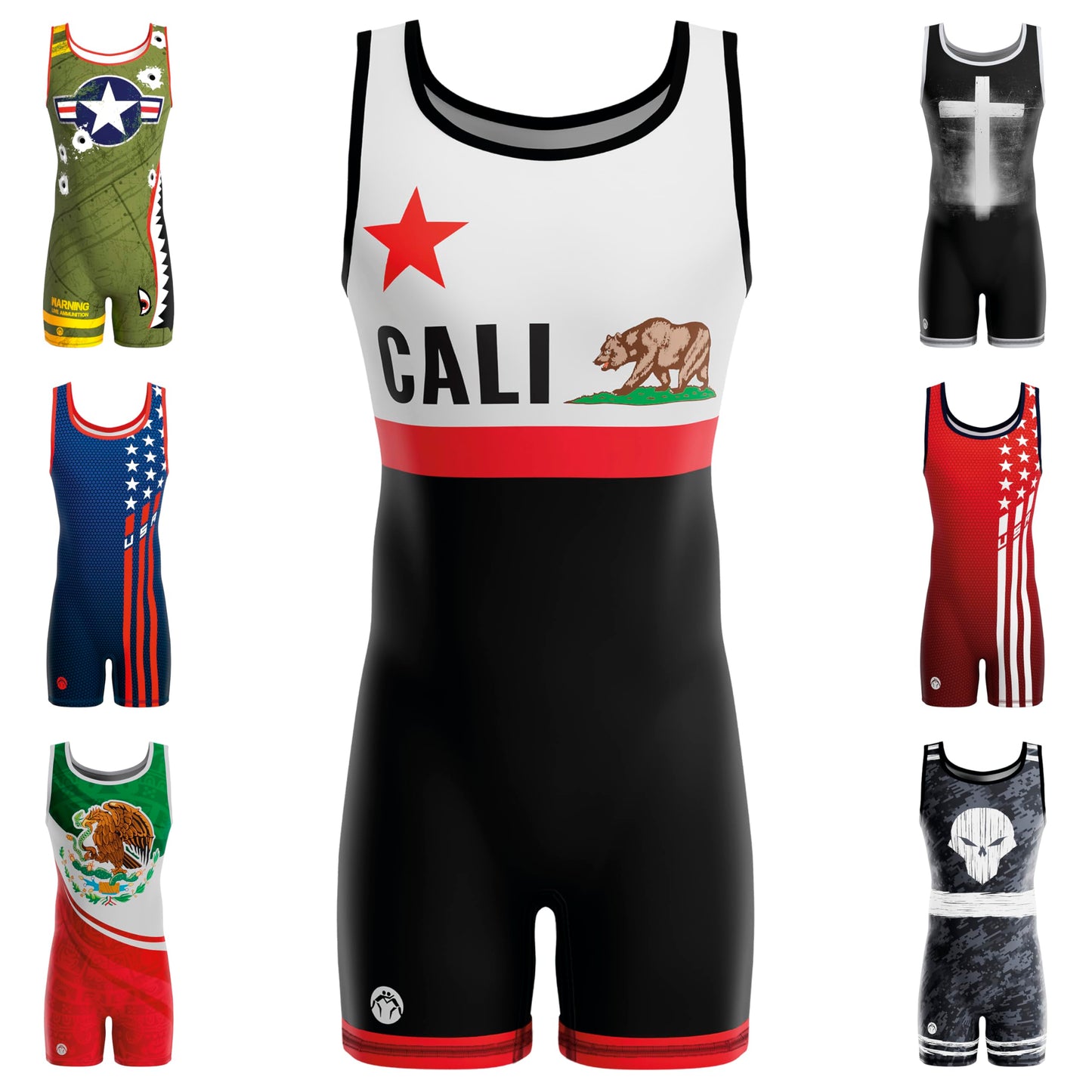 CALI Bear Wrestling Singlet-Black-Red-XS