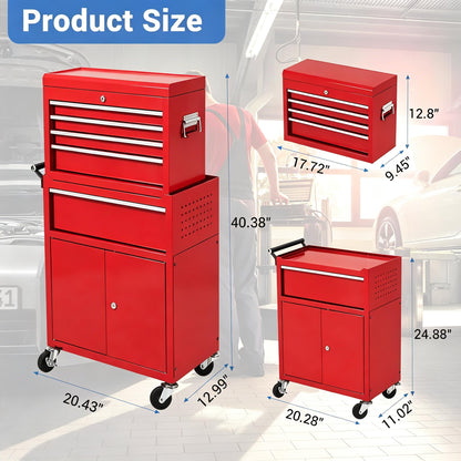 Heavy Duty 5 Drawer Tool Chest, Rolling Tool Box Cabinet on Wheels, 2-in-1 Detachable Metal Tool Storage Organizer for Garage and Workshop, Locking Steel Tool Cart with Portable Top Tool Box, Red