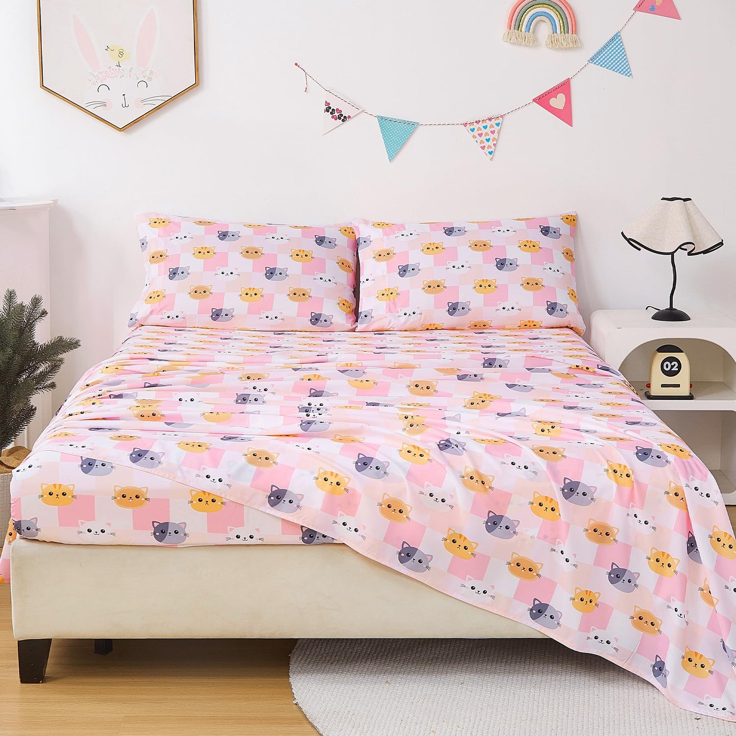 CozySmile Full Sheet Set Kids,4 Pieces Breathable Soft Microfiber Bedsheets for Child Girls, Oeko-TEX, Anti Pilling Deep Pockets Easy Care Bed Sheets, Cat Plaid