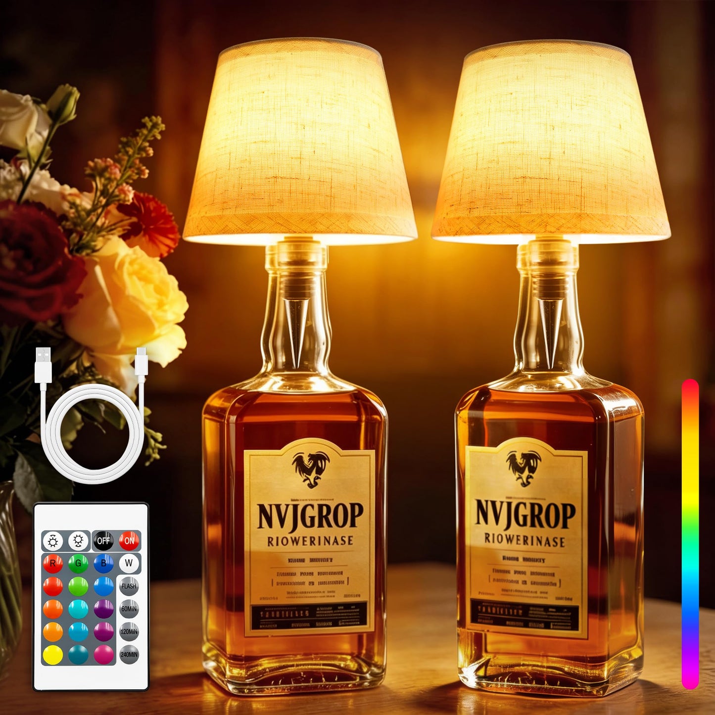 NVJGROP Wireless Bottle Lamp,Rechargeable RGB Linen Bottle Stopper Lamp Have 6000mAh Battery Continuous Use for 20-60 Hours，Suitable for Bedrooms Bars Living Rooms Table（2 Pack）