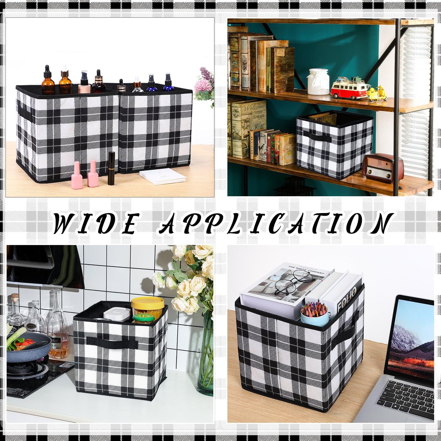 Suzile 6 Pcs Buffalo Plaid Storage Bins Christmas 10'' Buffalo Plaid Foldable Fabric Storage Cube with Handles Christmas Basket Box Organizers for Toys Shelf Closet Home Gift(Black and White)