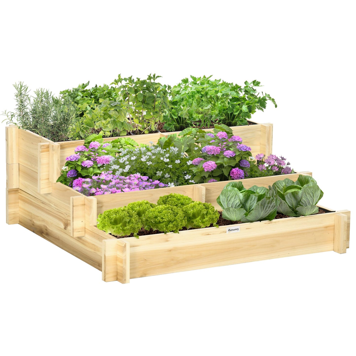 Outsunny 3-Tier Raised Garden Bed with 5 Compartments and Bed Liner, Fir Wood Elevated Planter Box, for Vegetables, Herbs, Outdoor Plants, 37 x 37 x 14in, Natural