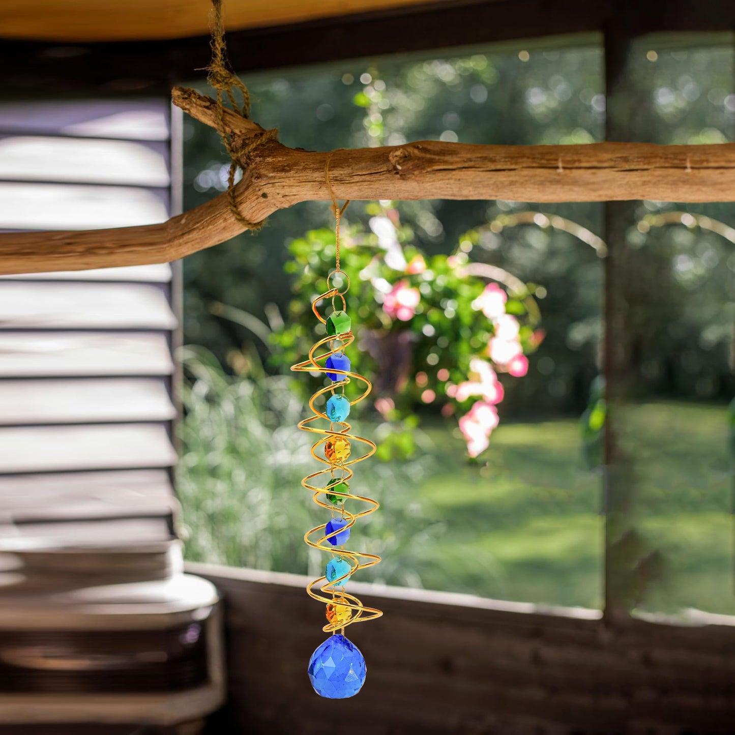 5 Pcs Wind Spinner Tail Gazing Ball Spiral 9'' for Indoor Outdoor Hanging Decor, Rainbow Maker Crystal Chime Sun Catcher w Seven Chakra Beads and Hook Decorative for Window Home Garden Birthday Gift