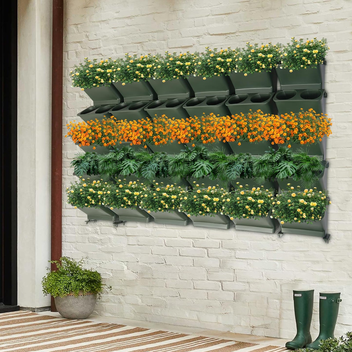 DYNAMI Wall Mounted Plant Holder with 30 Pots(60 Planting Holes), Green Vertical Wall Planters Self Watering Flower Pot Holders with Drainage Holes,for Indoor Outdoor Plants