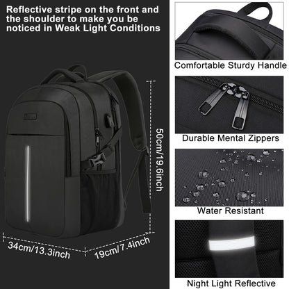 Extra Large Backpack for Men 50L,Water Resistant 17Inch Travel Laptop Work bag with USB Charging Port Anti Theft Big Business TSA Approved Computer Rucksack Women College School,Black