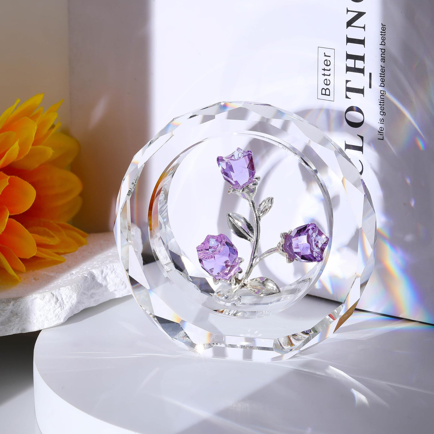 Purple Rose Flower Crystal Figurine with Vase - Bouquet Flowers Ornament Gifts for Wife Girlfriend Women - Handmade Crystal Flower Collectible Home Table Decor for Valentine's Day Wedding Anniversary
