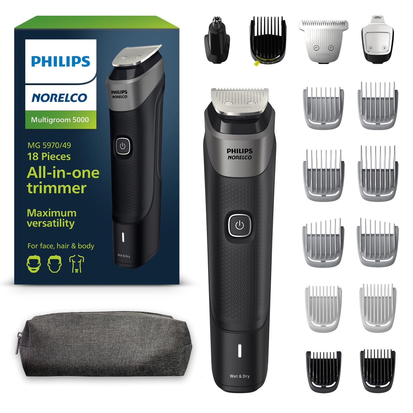 Philips Norelco Multigroom 5000 Series, All-in-One Trimmer, Beard Trimmer and Hair Clipper, 18-Piece Men's Grooming Kit for Beard, Face, Nose, Ear, Body, with Titanium Blades, Travel Pouch, MG5970/49
