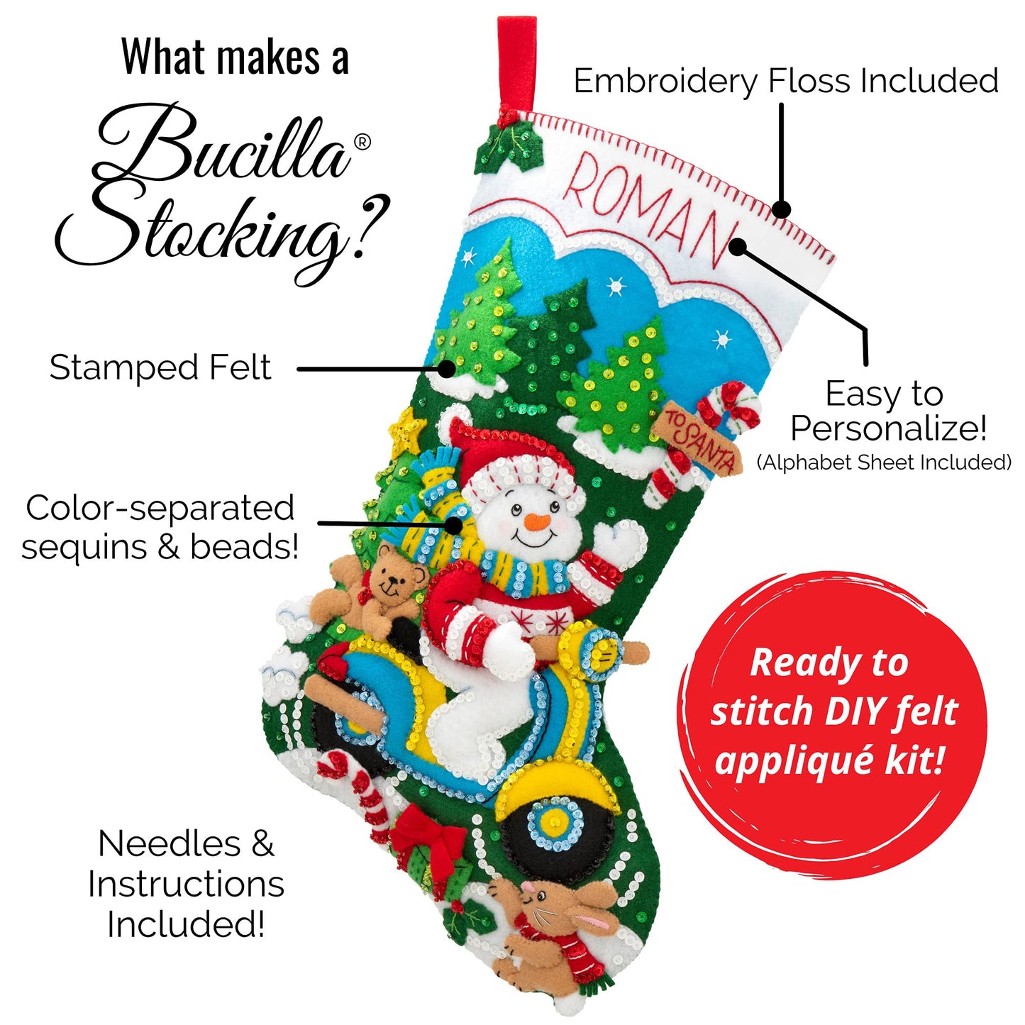 Bucilla, Santa's Gathering, Felt Applique Christmas Stocking, 18", 89308E
