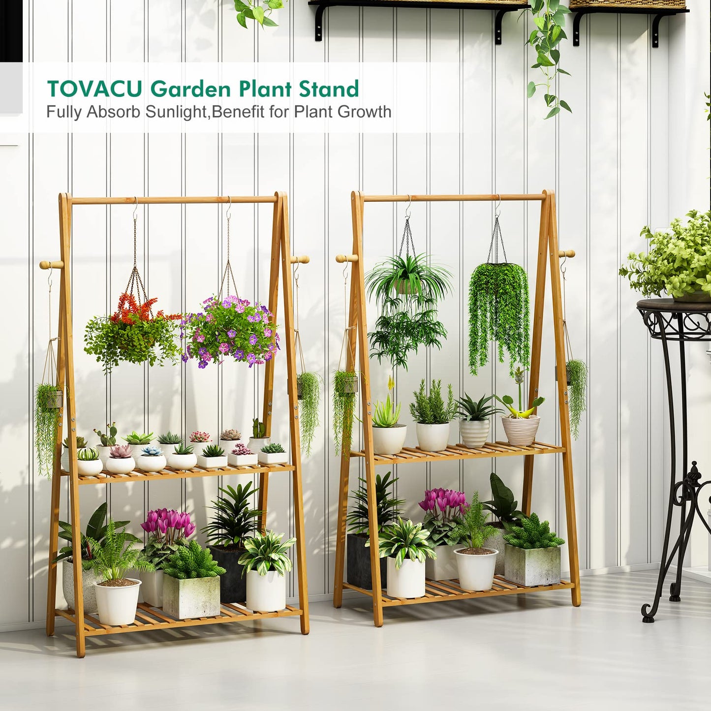 Tovacu Hanging Plant Shelf Indoor Outdoor Plant Stands Wood Flower Stand 2 Tiered Bamboo Plant Shelves Holder Rack for Patio Balcony Garden (Tall,50 inch)