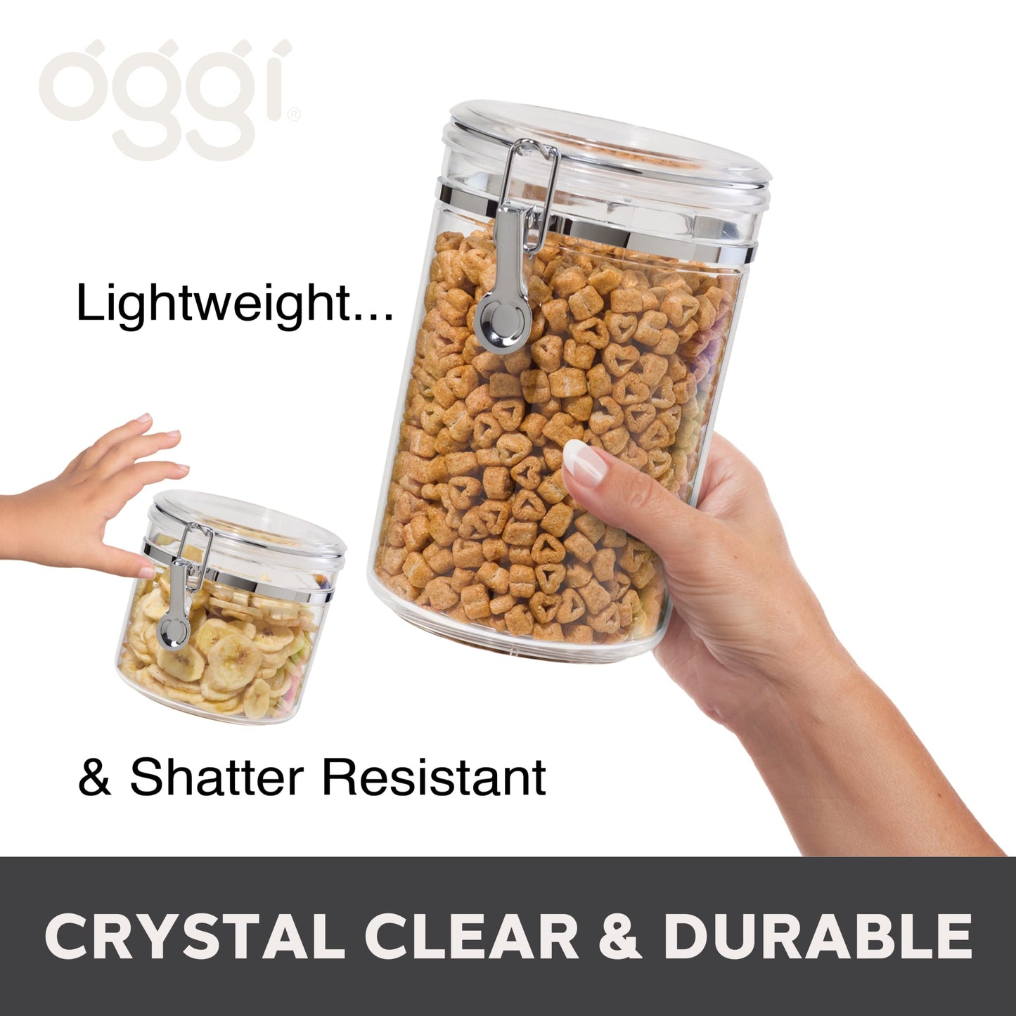 Oggi 4pc Clear Canister Set with Clamp Lids & Spoons - Airtight Food Storage Containers, Ideal for Kitchen & Pantry Storage of Bulk, Dry Food Including Flour, Sugar, Coffee, Rice, Tea, Spices & Herbs