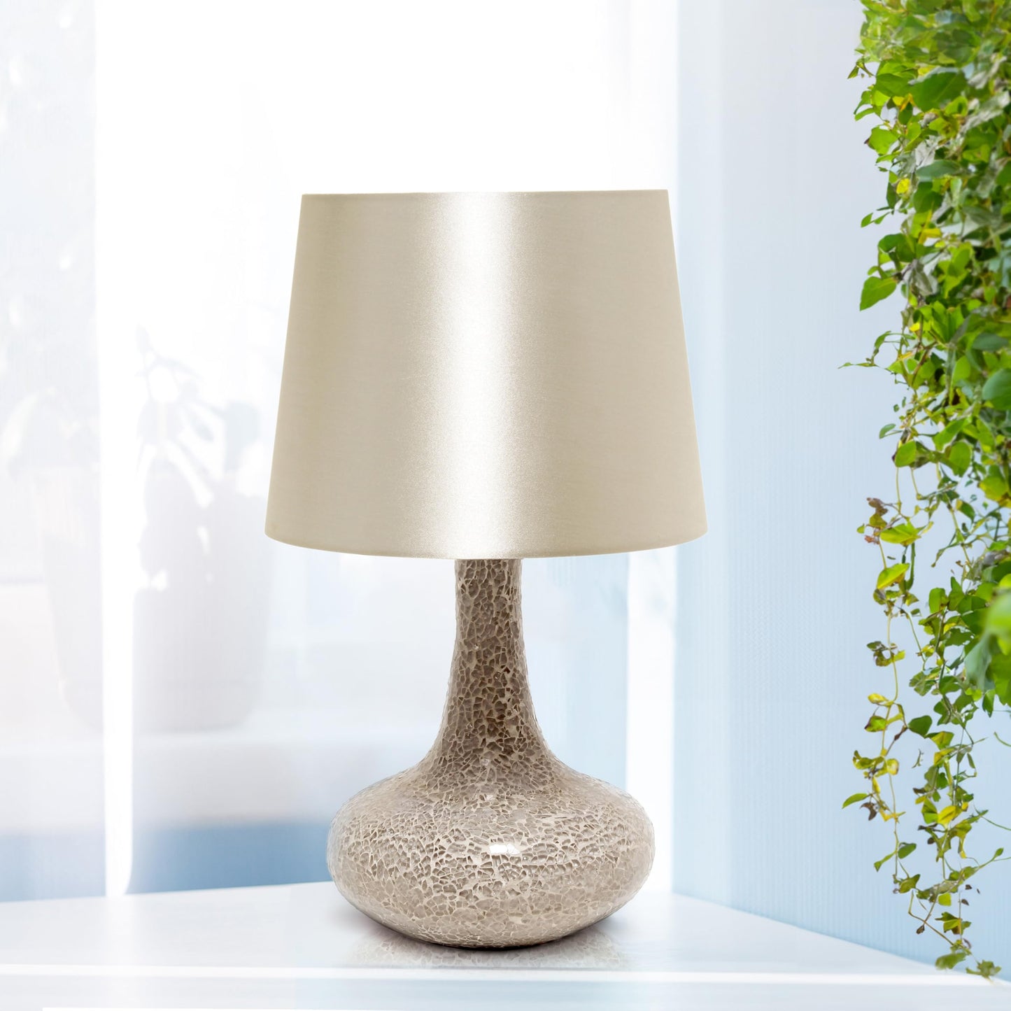 Simple Designs LT3039-CHA-LB 14.17" Mosaic Tiled Glass Genie Table Lamp with LED Bulb, Champagne