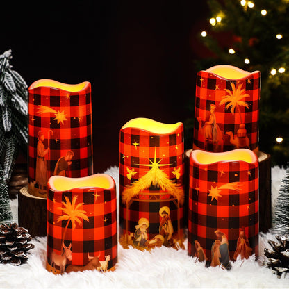 Glooglitter 5 Pcs Buffalo Plaid Nativity Scene Candles Flameless Christmas LED Pillar Jesus Religion Candles Battery Operated with Timer Remote for Xmas Christian Holiday Table Home Decor Church Party