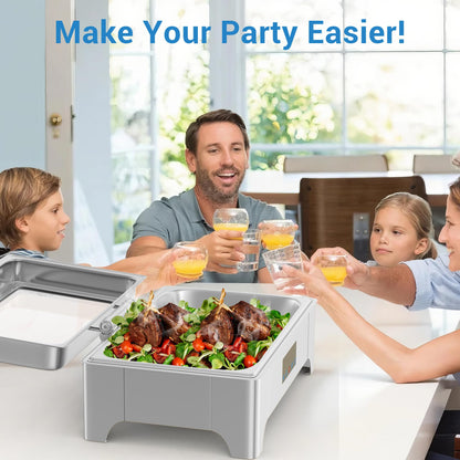 Roll Top Chafing Dish for Buffet, 9 Quart Rectangle Stainless Steel Food Warmer Server with Visible Lid, Water Pan, Stand & Fuel Holder Clip, for Parties Birthday Hotels Weddings, Gold