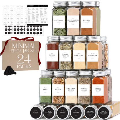 FINESSY Glass Spice Jars with Labels with Metal Lids and Shakers 24 Pack Set, 4oz Small Empty Air Tight Spice Containers with Labels, Clear Seasoning Containers Herb Bottles Kitchen Storage Organizer