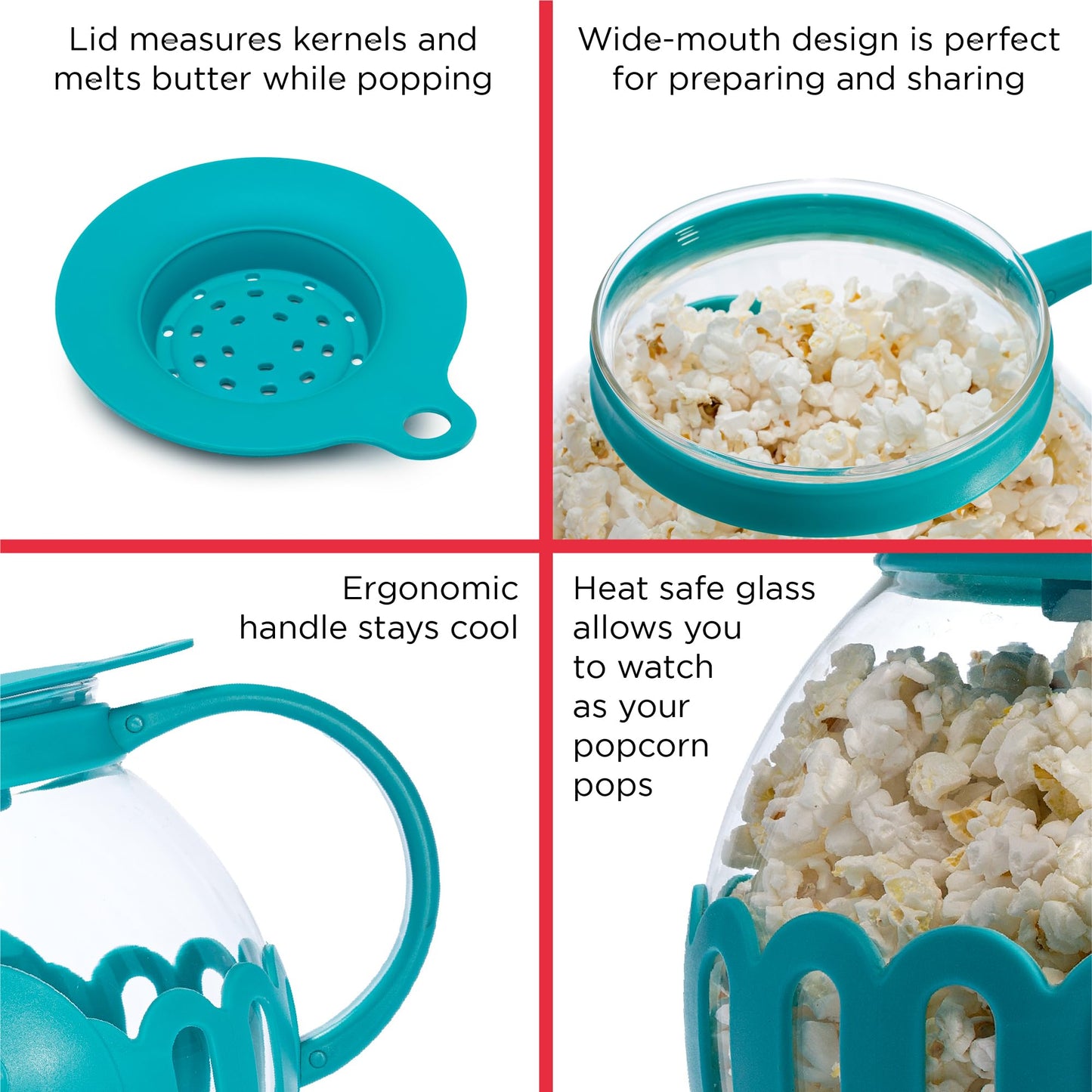Ecolution Patented Micro-Pop Microwave Popcorn Popper with Temperature Safe Glass, 3-in-1 Lid Measures Kernels and Melts Butter, Made Without BPA, Dishwasher Safe, 3-Quart, Aqua
