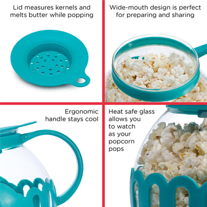Ecolution Patented Micro-Pop Microwave Popcorn Popper with Temperature Safe Glass, 3-in-1 Lid Measures Kernels and Melts Butter, Made Without BPA, Dishwasher Safe, 3-Quart, Aqua