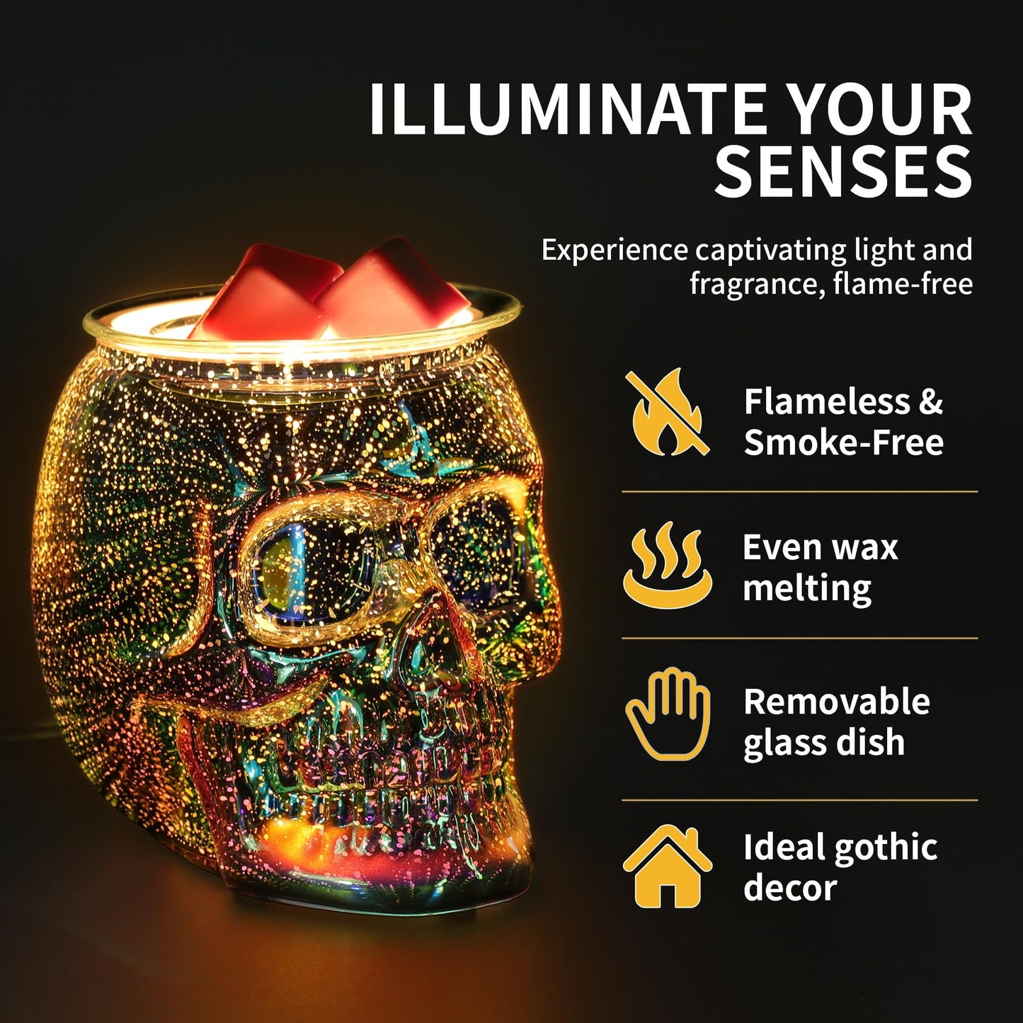 Threeight Skull Wax Melt Warmer Electric, Gothic Home Decor Night Light, Wax Burner for Scented Wax, Unique 3D Rainbow Skull Gifts