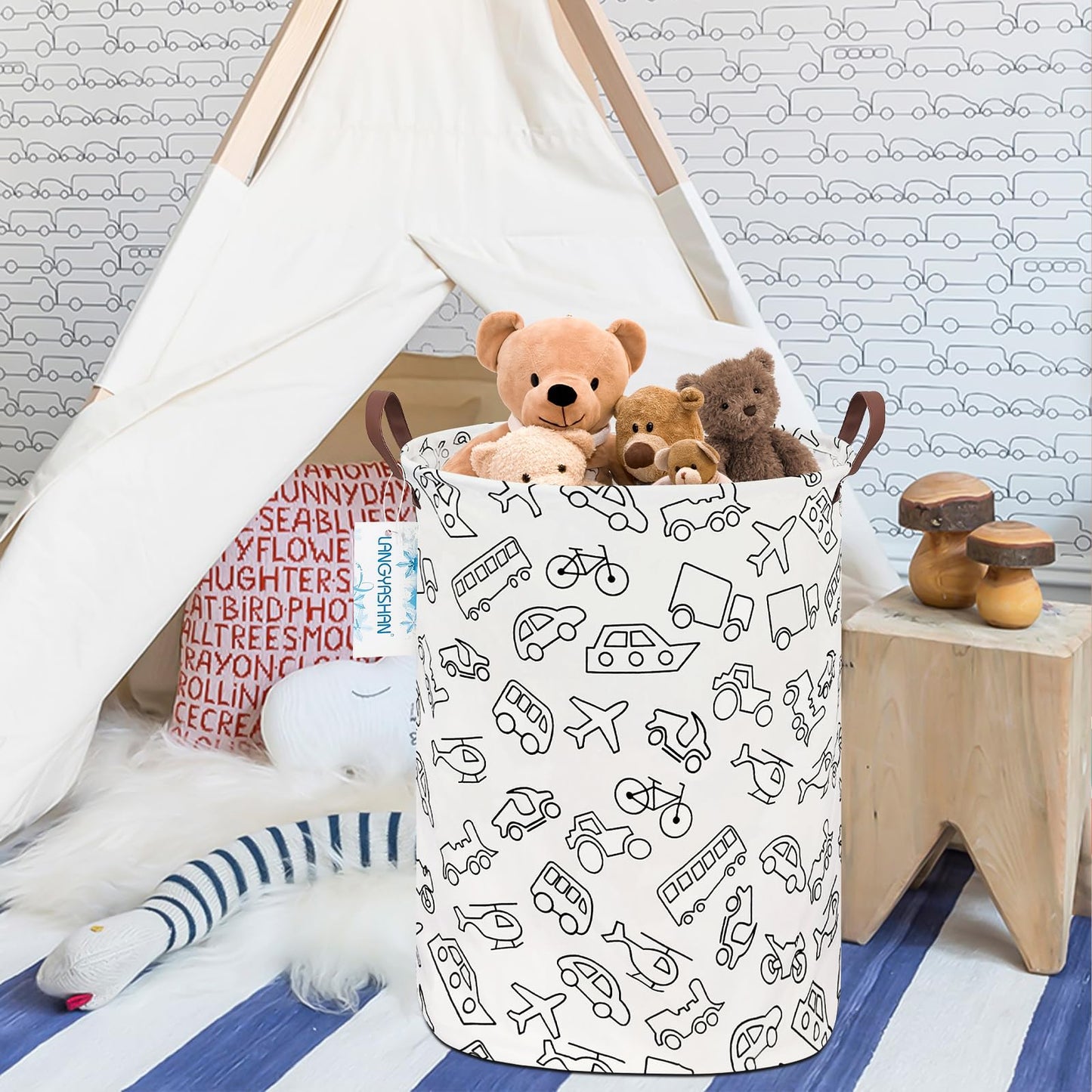 LANGYASHAN Laundry Hamper Collapsible Kids Storage Basket Waterproof Fabric Toy Clothes Organizer Bin for Children Bedroom Bathroom (Vehicle)