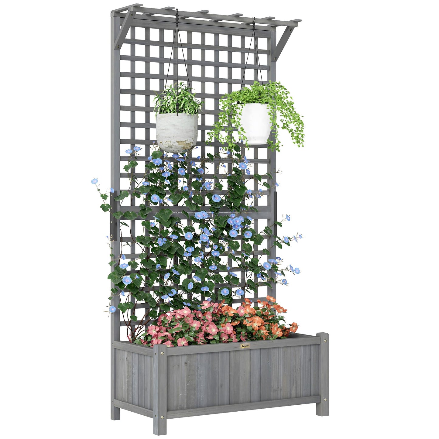 Outsunny Wood Planter with Trellis, Raised Garden Bed for Climbing Plants w/Drainage Holes and Roof, 35.5" x 17.75" x 72", Dark Gray