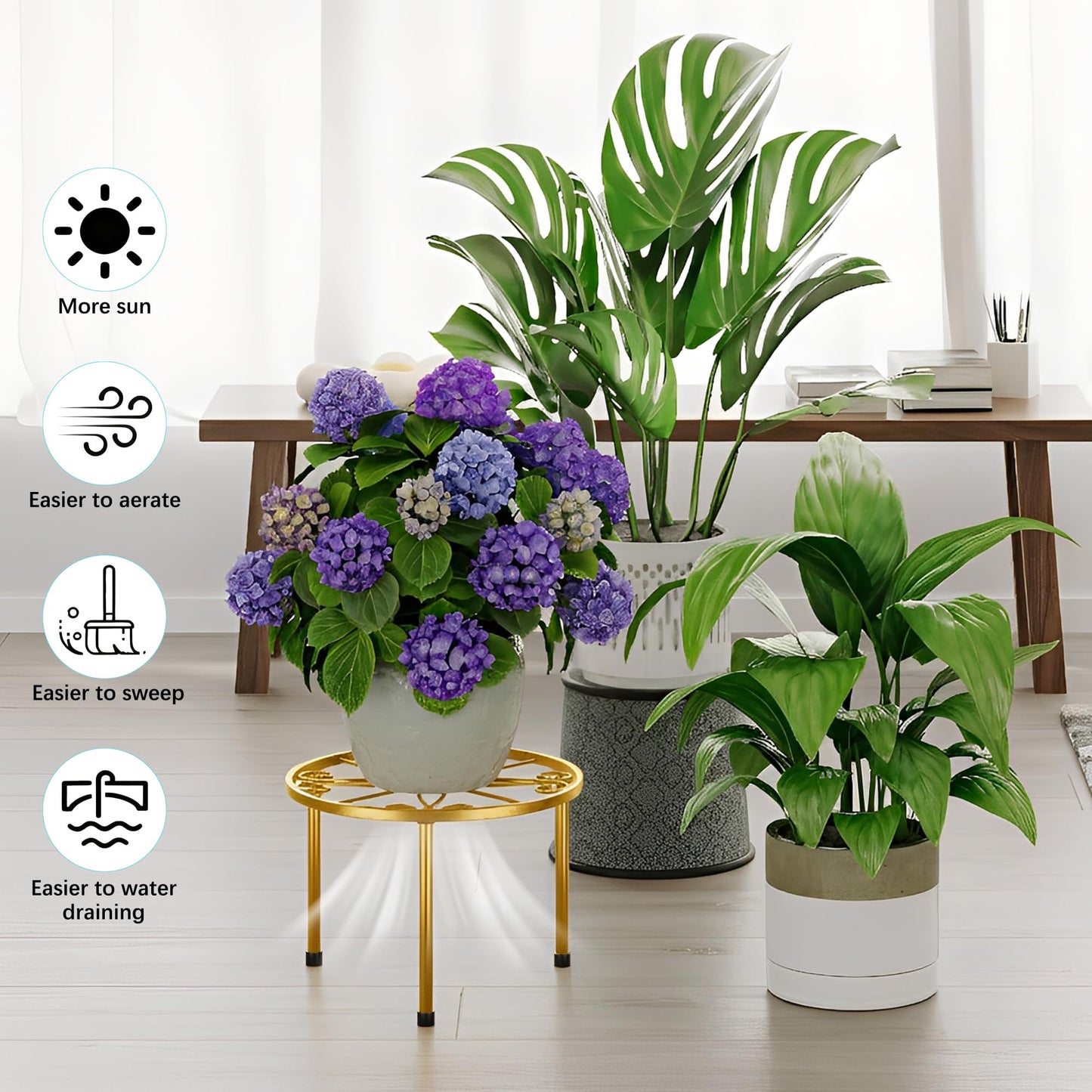 NQW 5 Pack Metal Potted Plant Stands for Indoor Outdoor,Round Planters Flower Pots Stand Holder,Heavy Duty Anti-Rust Iron Plant Shelf for Home Garden Patio Decoration(GoldDiamond)