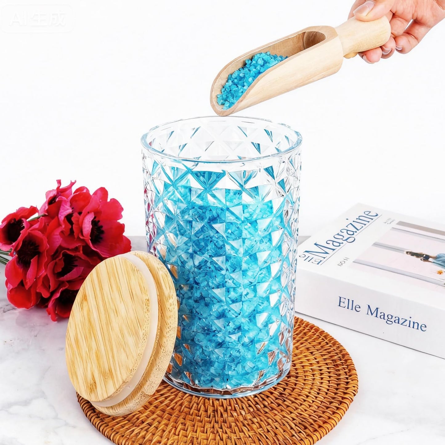 Supkiir 1100ML/37OZ Acrylic Bath Salt Jar, Bath Salt Container with Wooden Lids and Scoop, Airtight Diamond Candy Jar for Bathroom Kitchen Storage Salt Candy Tea Decor
