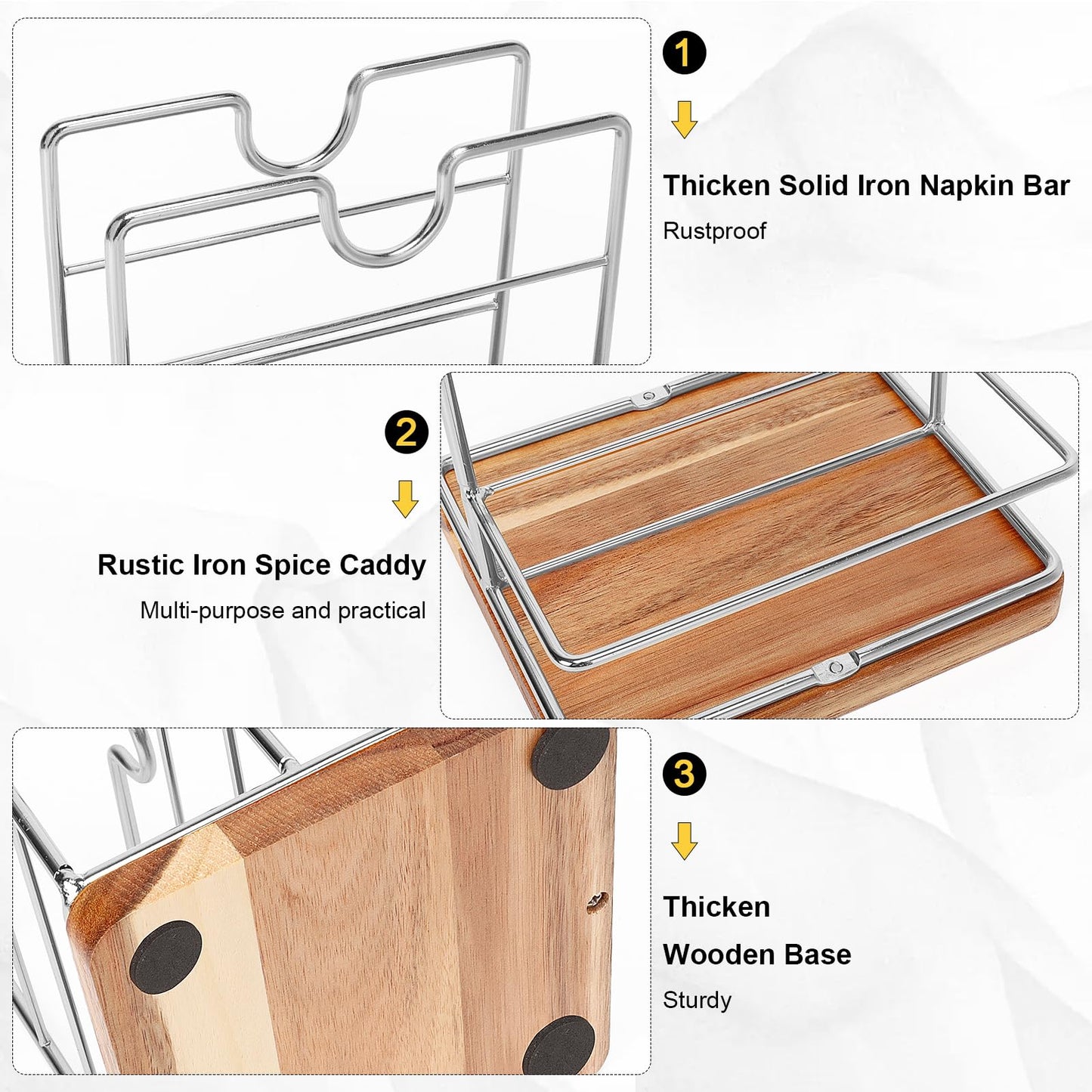 Livabber Napkin Holder, Metal Napkin Storage with Salt and Pepper Shakers Caddy Modern Napkin Dispenser for Table Kitchen Countertop, Not Including Salt and Pepper Shakers (Middle Wooden, Chrome)