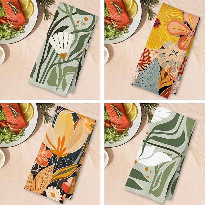 Abstract Boho Floral Kitchen Towels, Colorful Modern Abstract Flower Dish Tea