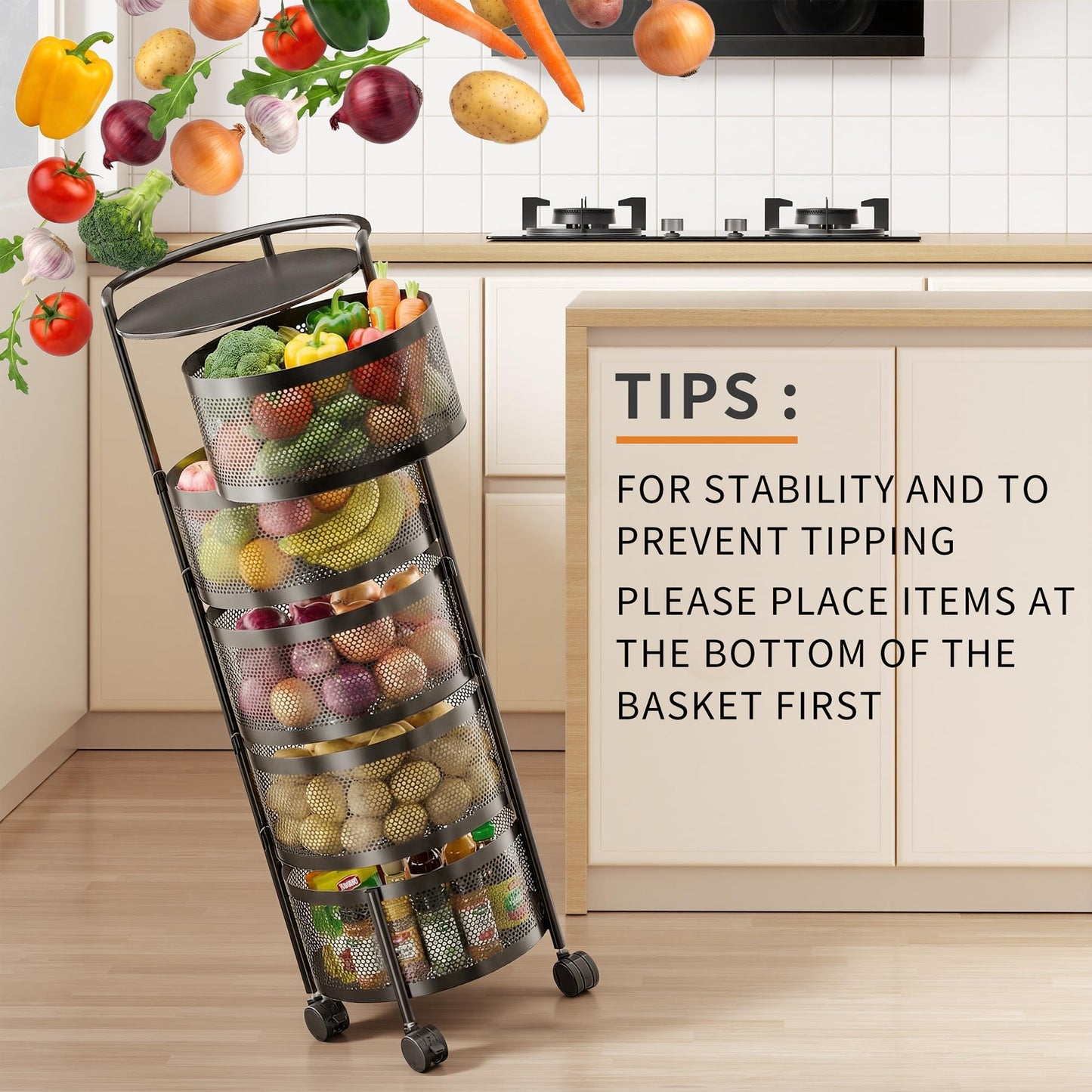 JAQ No Assembly 5-Tier Kitchen Storage Cart with Wheels, Rotating Produce Organizer for Onion, Potato & Vegetable Storage, Large Capacity Pantry Storage Rack, Black