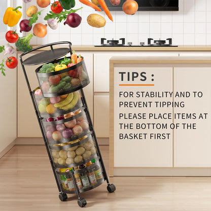JAQ No Assembly 5-Tier Kitchen Storage Cart with Wheels, Rotating Produce Organizer for Onion, Potato & Vegetable Storage, Large Capacity Pantry Storage Rack, Black