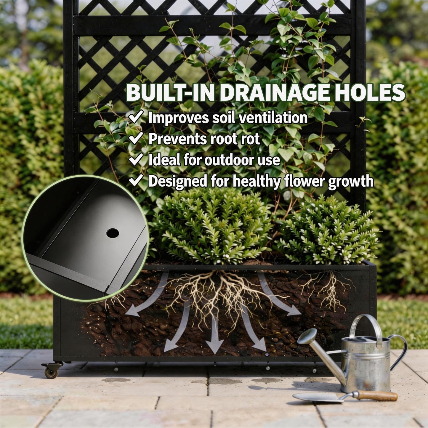 Privacy Planters for Patio, 73" Ornamental Metal Planter Box with Trellis & Locking Wheels, Scrollwork Arch Raised Garden Bed for Climbing Plants Roses Vines, Outdoor Flower Box with Drainage