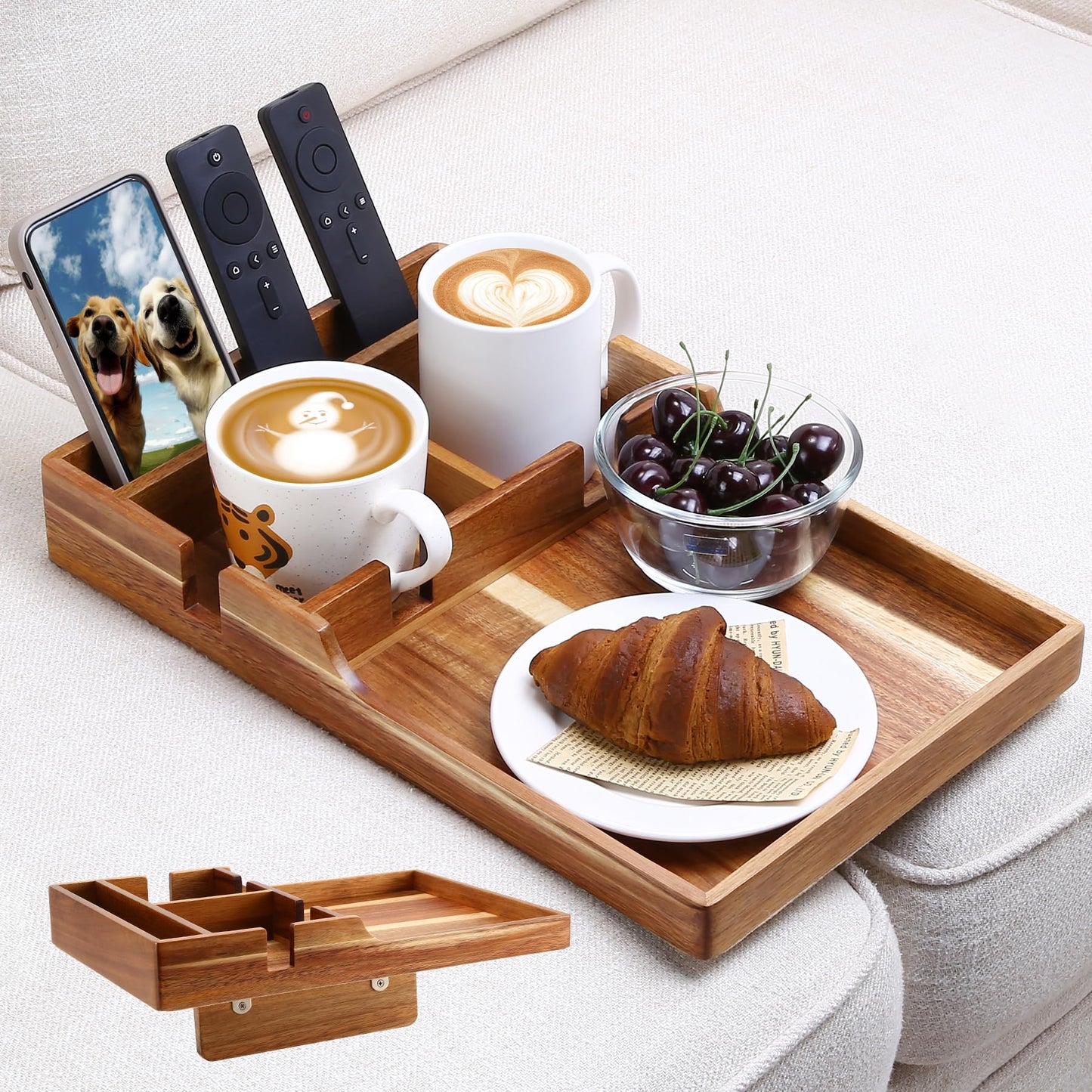 Nnewvante Couch Tray Insert with Cup Holder,2-in-1 Insert & Flat Sofa Organizer Acacia Wood with 2 Cup Holders,Fits Middle Couch or Ottomans,for Snacks, Drinks, Remotes,15.35x9.84-inch