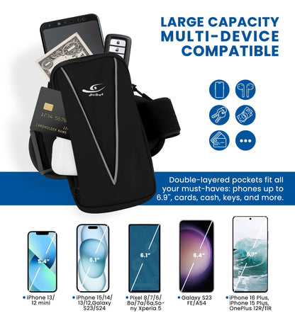 HiRui Cell Phone Holder Arm Bag & Wrist Bag for Phone, Sports Running Armband for Gym & Cycling, Compatible with iPhone 17/17Pro/Plus/16/15 Samsung Galaxy All Phones, Reflective & Adjustable (Black)